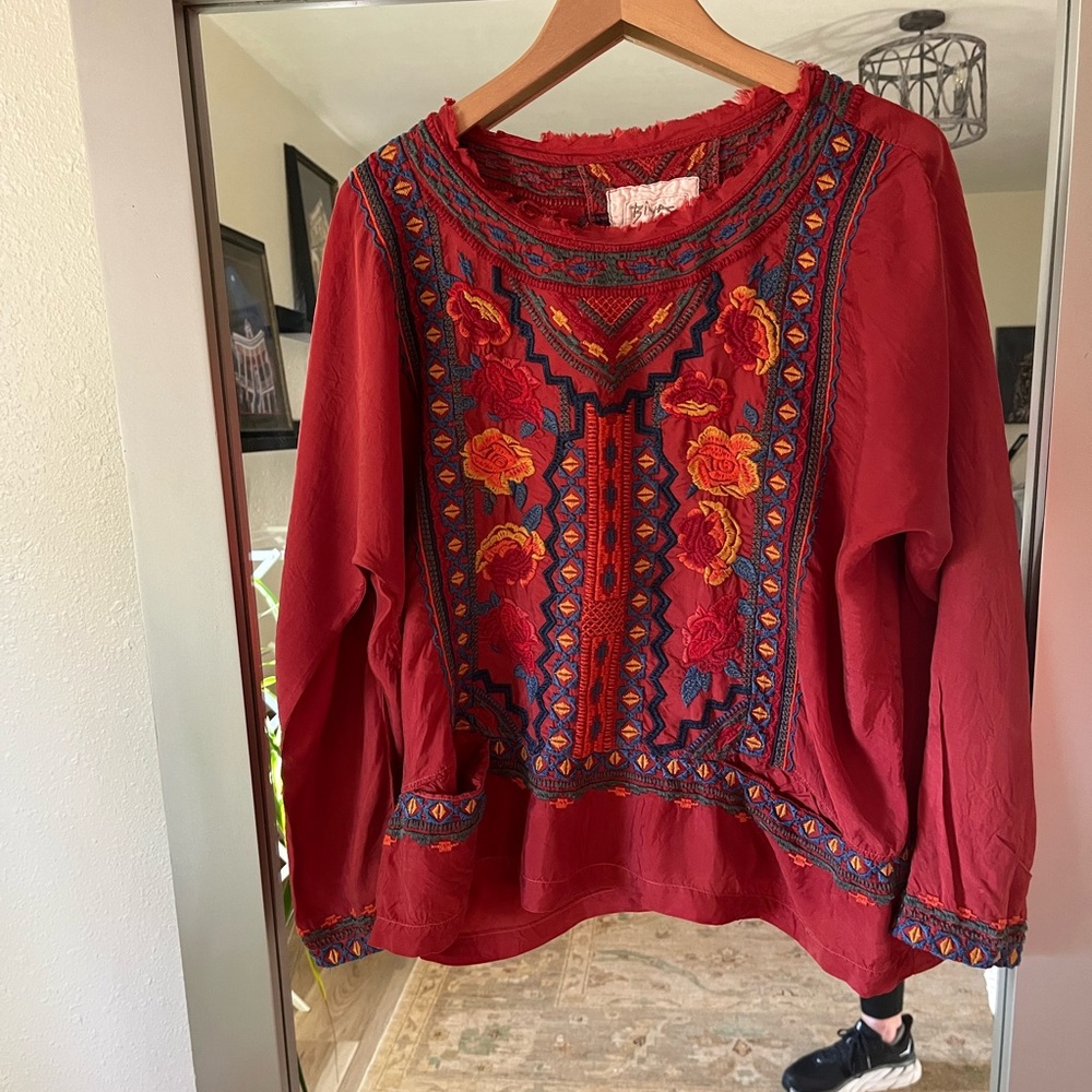 Johnny Was Red Blouse with Long Sleeves and Embroidered Floral Design